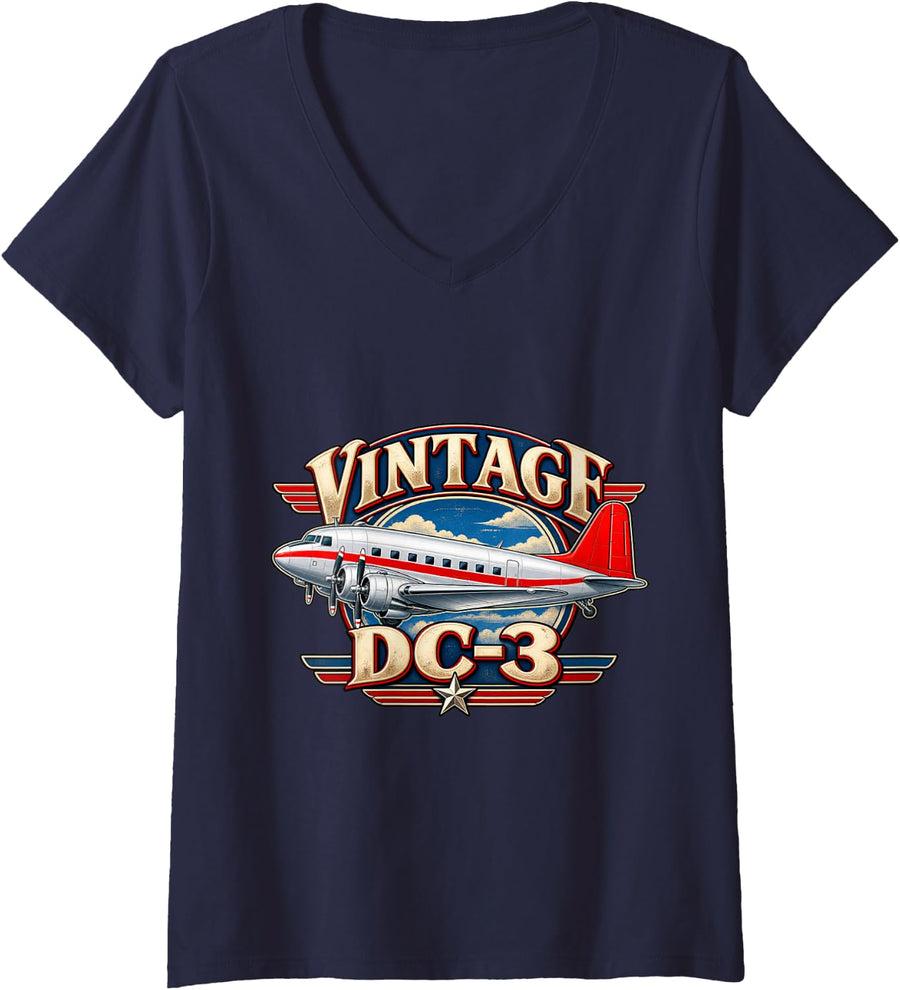Women's Vintage Douglas DC-3 Classic Propeller Airplane Aviation V-Neck T-Shirt - Navy Blue