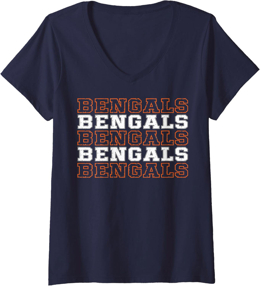 Women's Vintage, Retro, Novelty, Bengals Cat V-Neck T-Shirt - Navy Blue