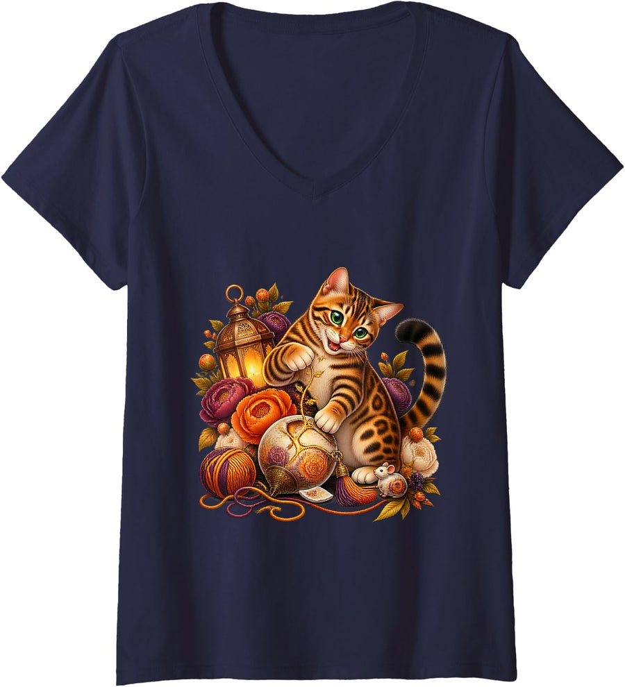Women's Bengal Cat Golden Thread Ornament Repair V-Neck T-Shirt - Navy Blue
