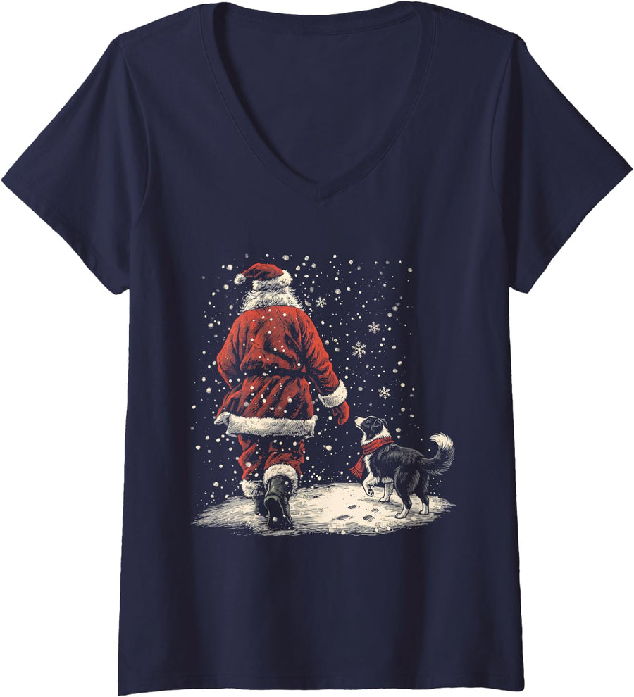 Women's Santa Claus and Border Collie Walking in Snow Christmas V-Neck T-Shirt - Navy Blue