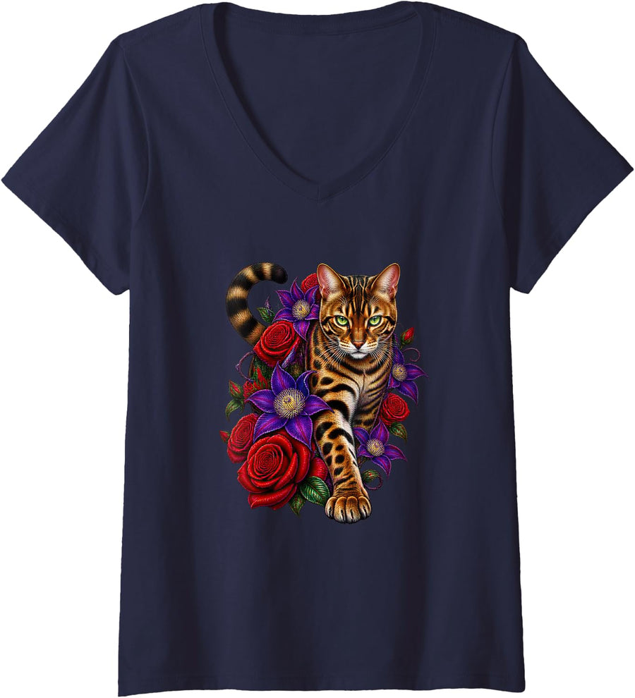 Women's Bengal Cat with Red Roses and Purple Clematis V-Neck T-Shirt - Navy Blue