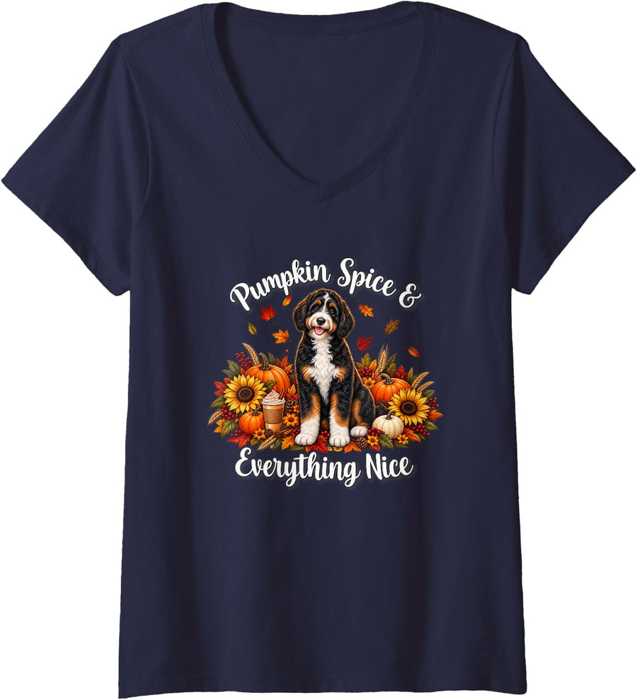 Women's Womens Girls Moms Fall Pumpkin Spice Bernedoodle Dog Lover V-Neck T-Shirt - Navy Blue