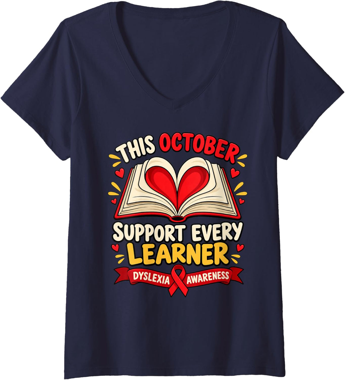 Women's This October Support Every Learner Dyslexia Awareness V-Neck T-Shirt - Navy Blue