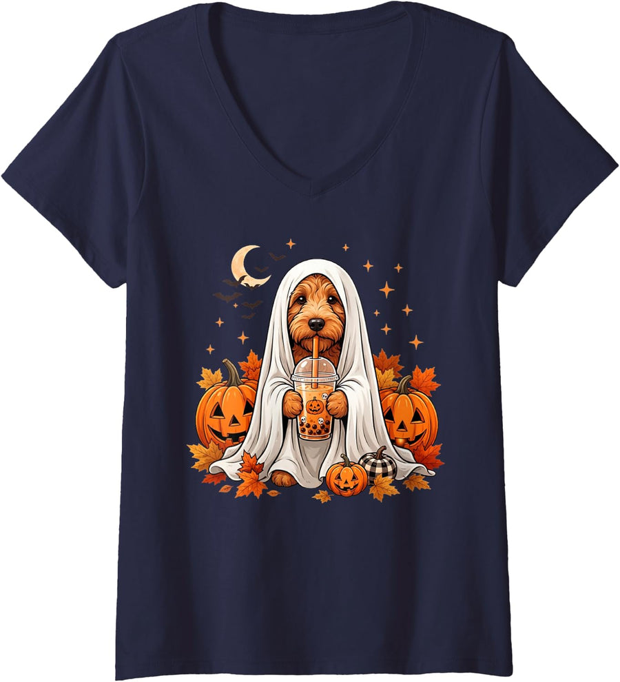 Women's Goldendoodle Ghost and Boba Cute Halloween Dog Humor Funny V-Neck T-Shirt - Navy Blue