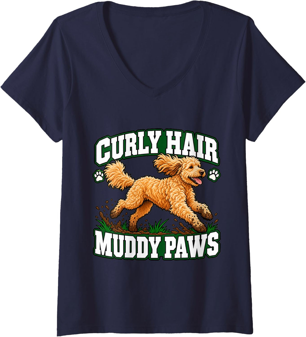 Women's Goldendoodle Curly Hair Muddy Paws Doodle Dad Funny Pup V-Neck T-Shirt - Navy Blue