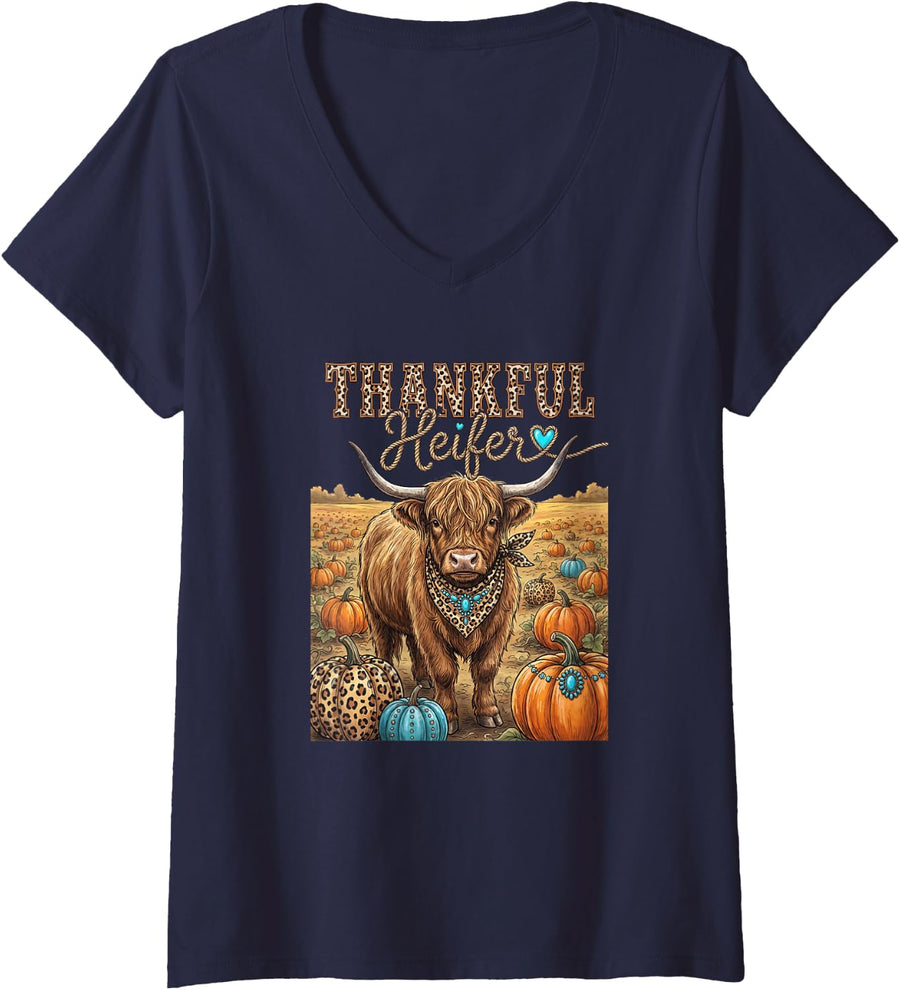 Women's Highland Cow Thanksgiving Shirt Thankful Heifer Leopard V-Neck T-Shirt - Navy Blue