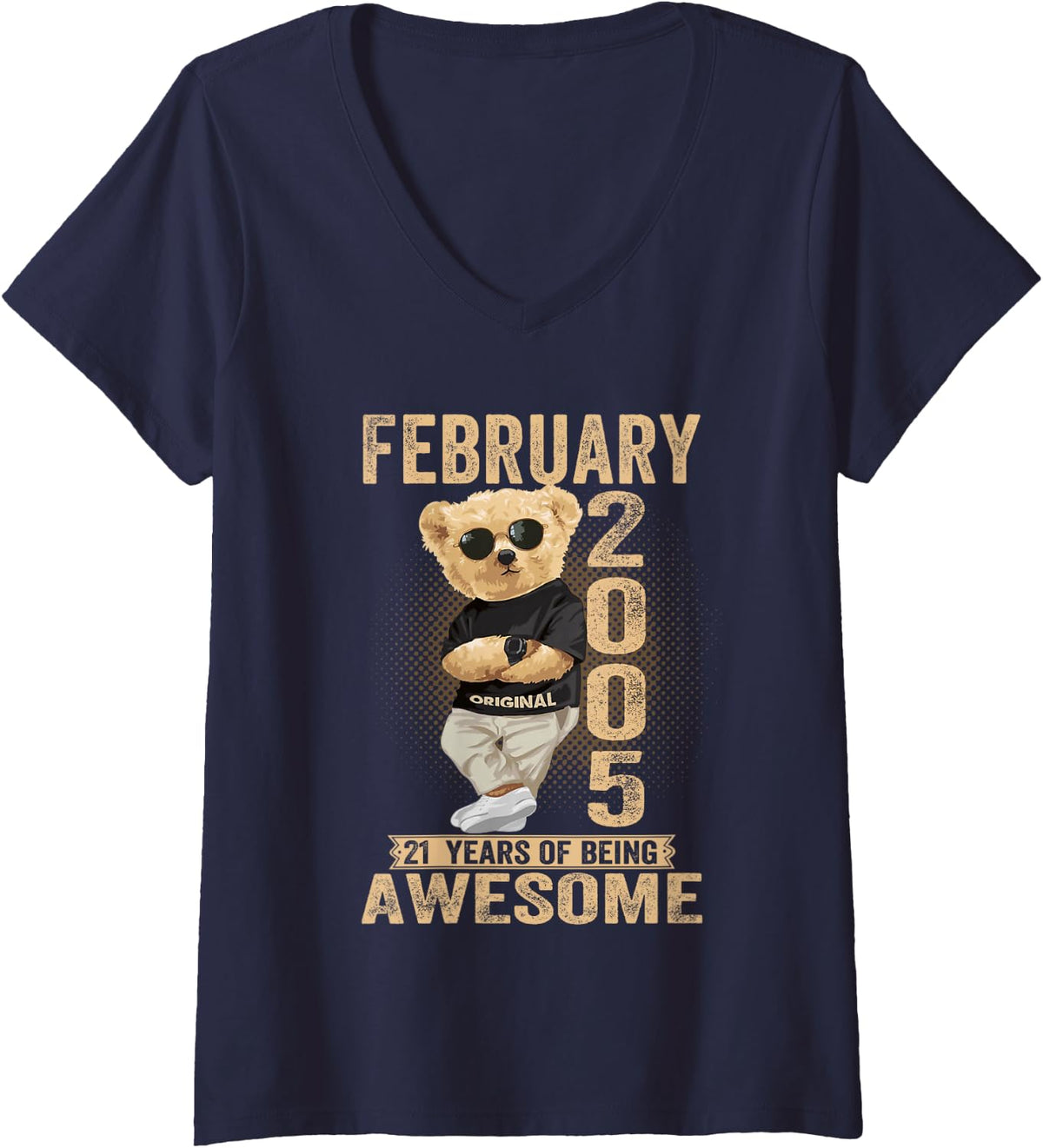 Women's February 2005 21st Birthday 2026 Women 21 Years Teddy Bear V-Neck T-Shirt - Navy Blue