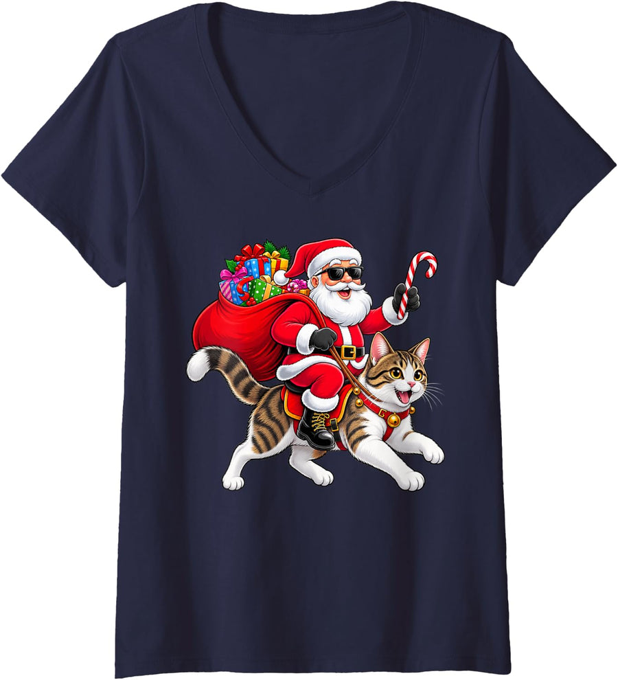 Women's Santa Riding Bengal Cat Christmas Girls Boys Kids Xmas Squad V-Neck T-Shirt - Navy Blue