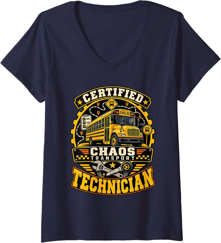 Women's Certified Chaos Transport Technician Funny School Bus Driver V-Neck T-Shirt - Navy Blue