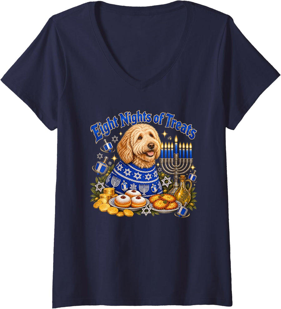 Women's Hanukkah Goldendoodle Eight Nights of Treats V-Neck T-Shirt - Navy Blue
