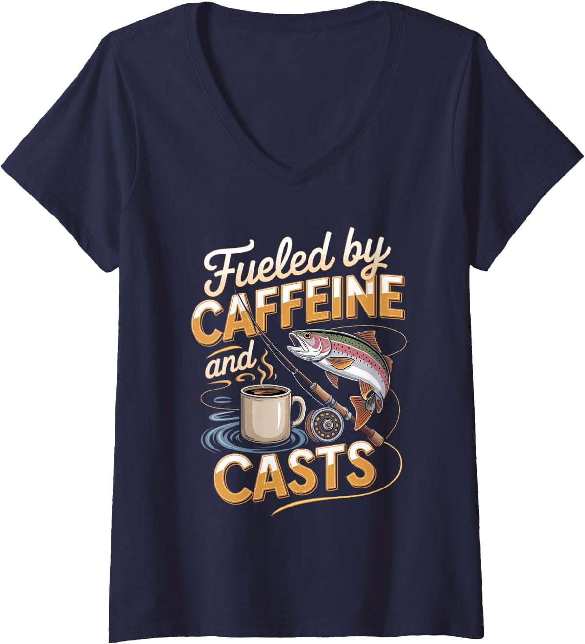 Women's Fueled By Caffeine and Casts Fly Fishing Angler V-Neck T-Shirt - Navy Blue