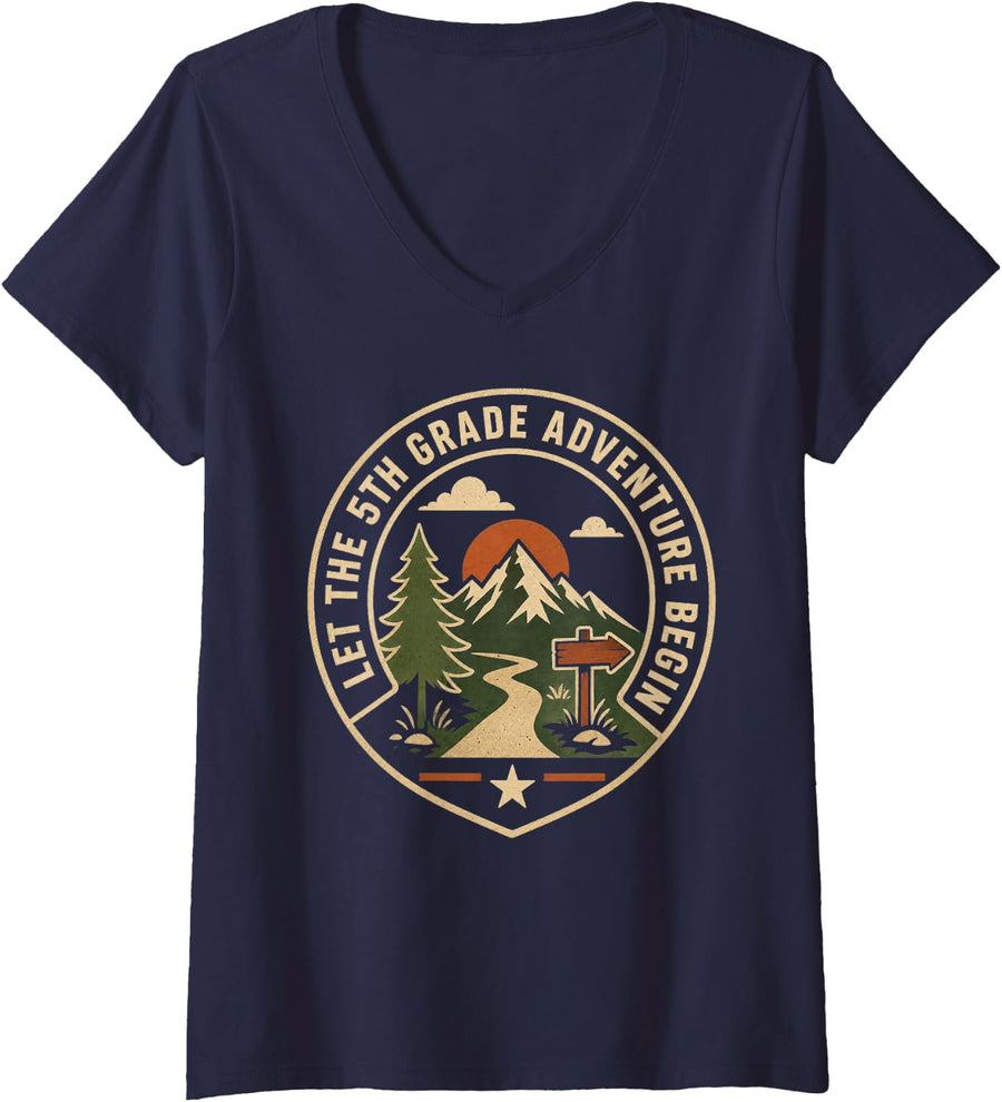 Women's Let The 5th Grade Adventure Begin Teacher Student V-Neck T-Shirt - Navy Blue