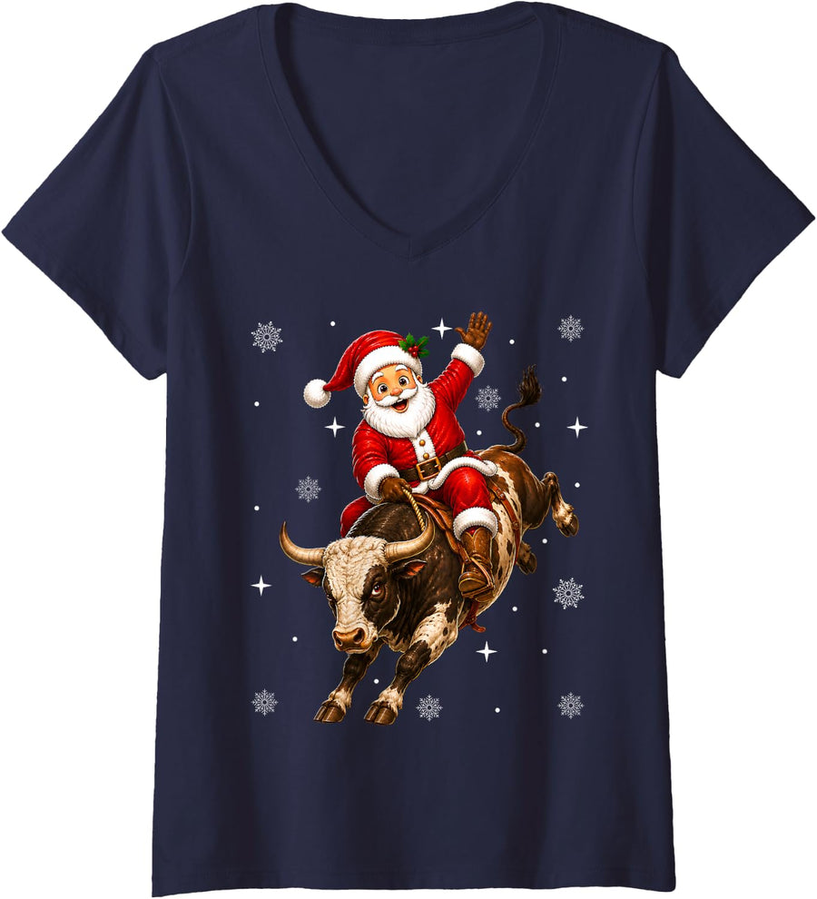 Women's Rodeo Santa Riding Bull Christmas Fun V-Neck T-Shirt - Navy Blue