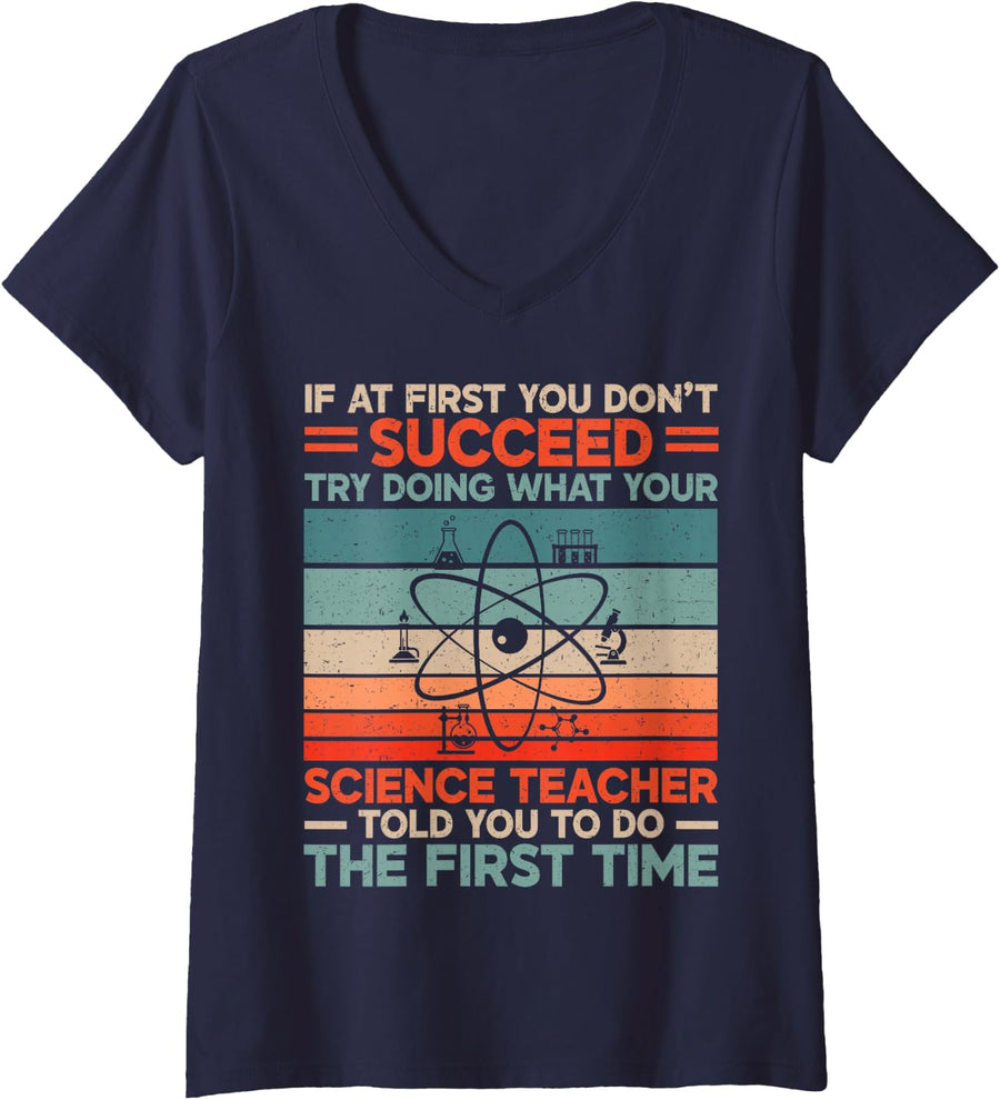 Women's Science Teacher Funny STEM Physics Chemistry Humor Retro V-Neck T-Shirt - Navy Blue