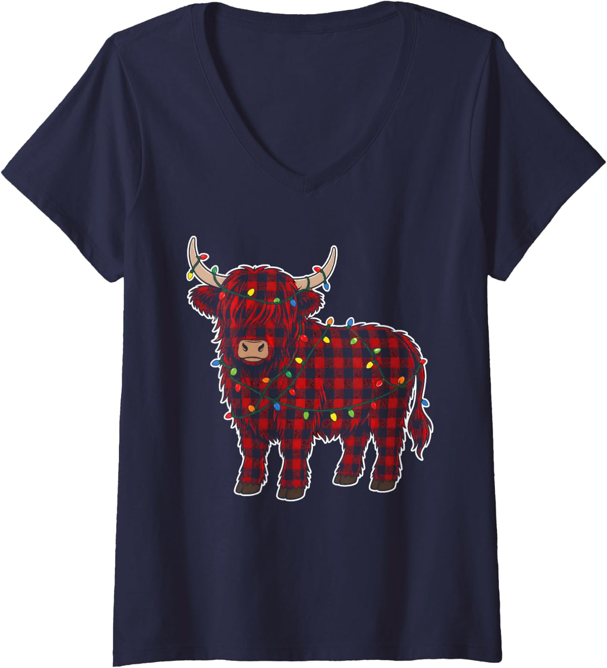 Women's Highland Cow Buffalo Plaid Christmas Lights Farmhouse V-Neck T-Shirt - Navy Blue