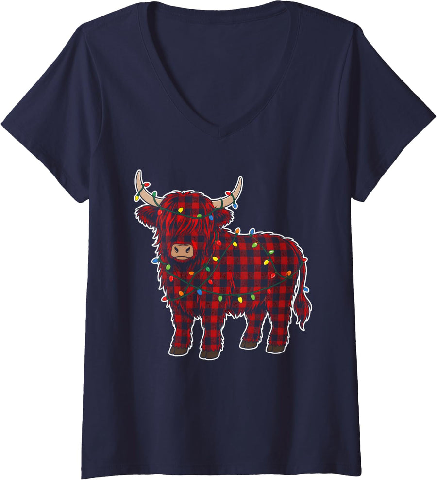 Women's Highland Cow Buffalo Plaid Christmas Lights Farmhouse V-Neck T-Shirt - Navy Blue