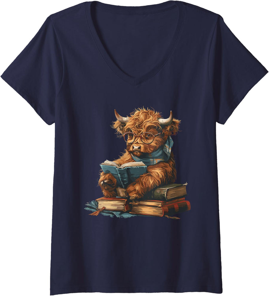 Women's Highland Cow Reading Book Librarian Library V-Neck T-Shirt - Navy Blue