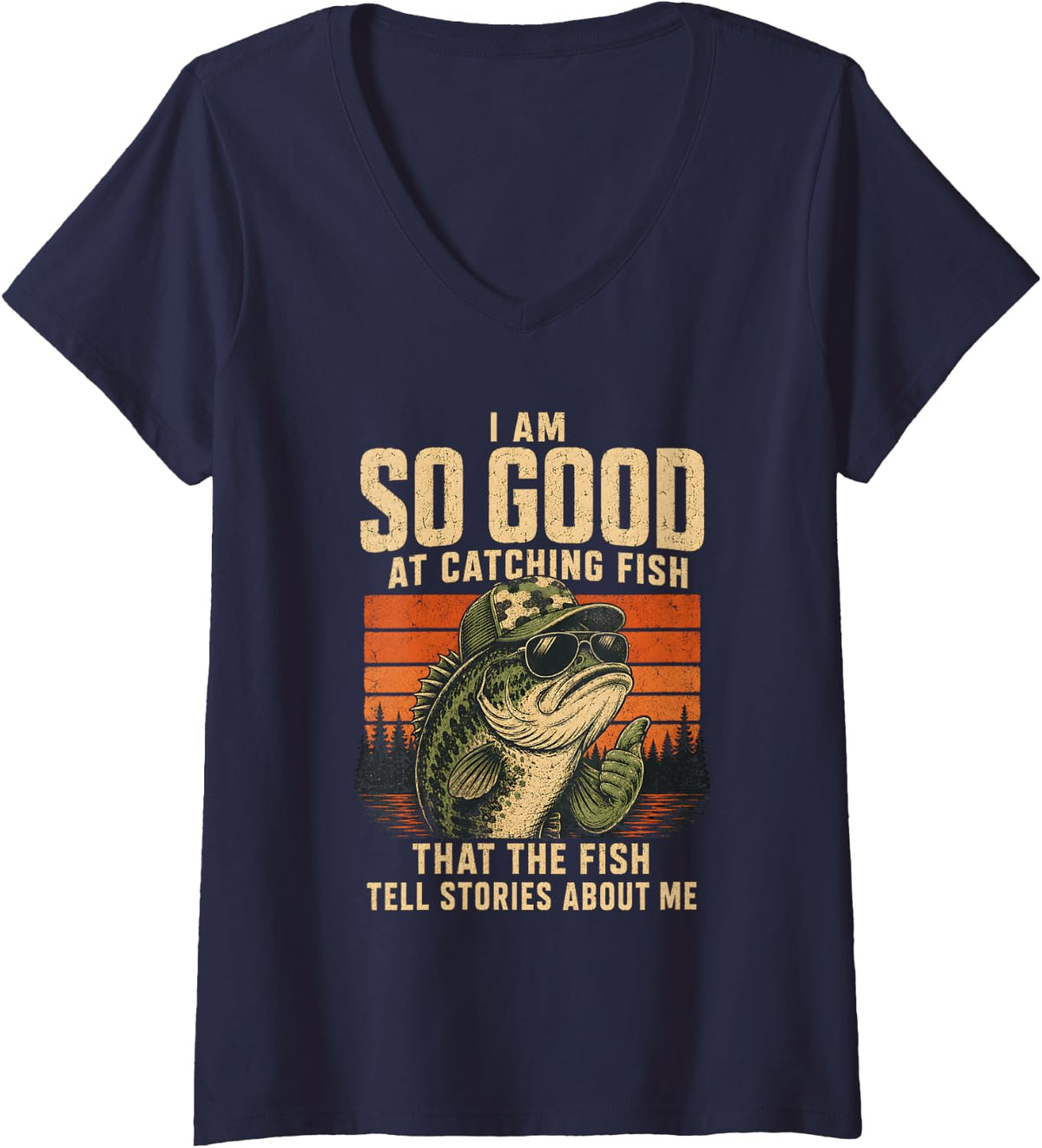 Women's So Good At Catching Bass Funny Fisherman Fish Lake Stories V-Neck T-Shirt - Navy Blue