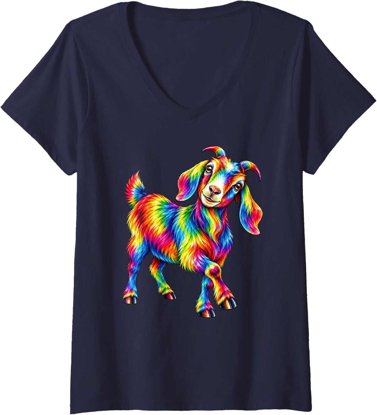 Women's Colorful Rainbow Goat Cute Farm Animal Artistic Illustration V-Neck T-Shirt - Navy Blue