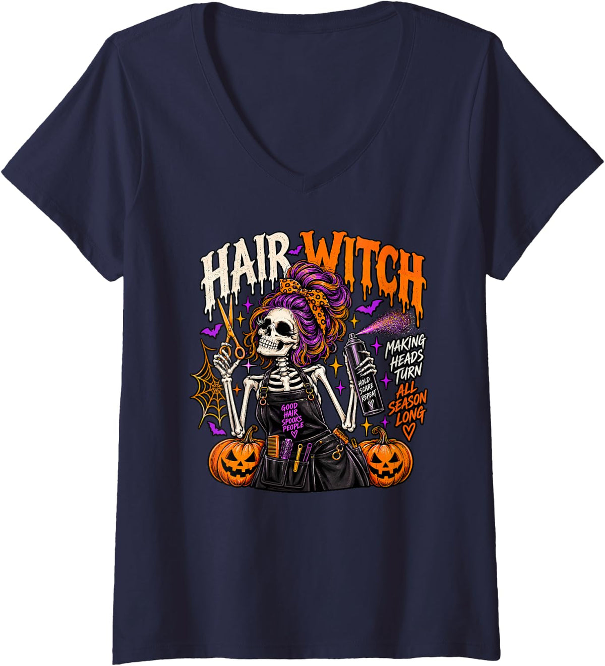 Women's Hair Witch Funny Halloween Hairstylist V-Neck T-Shirt - Navy Blue