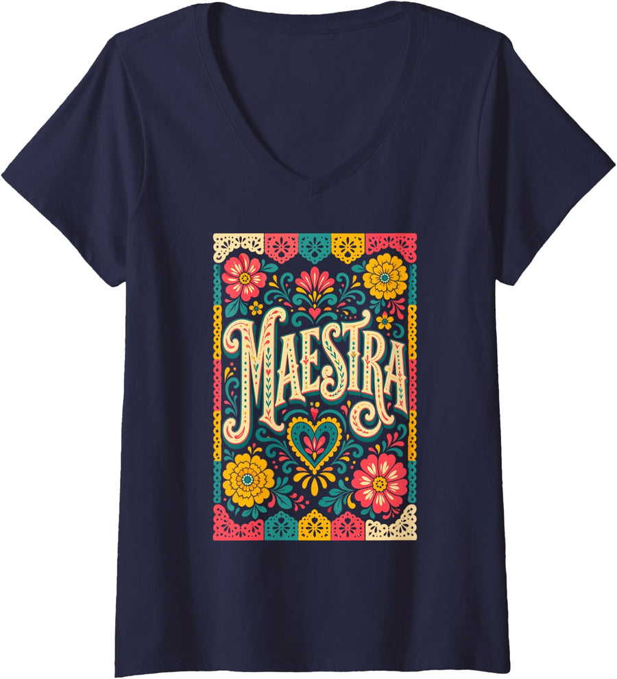 Women's Maestra Spanish Teacher Bilingual Papel Picado Folk V-Neck T-Shirt - Navy Blue
