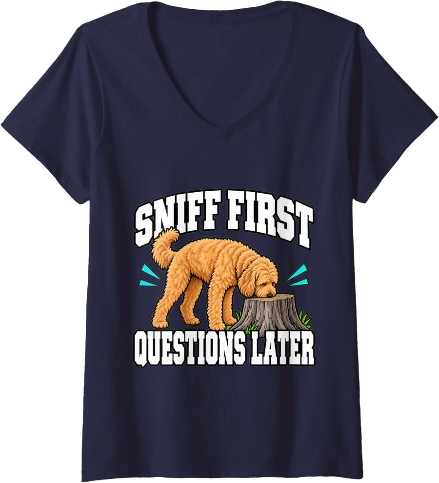 Women's Goldendoodle Sniff First Questions Later Dog Dad Funny V-Neck T-Shirt - Navy Blue