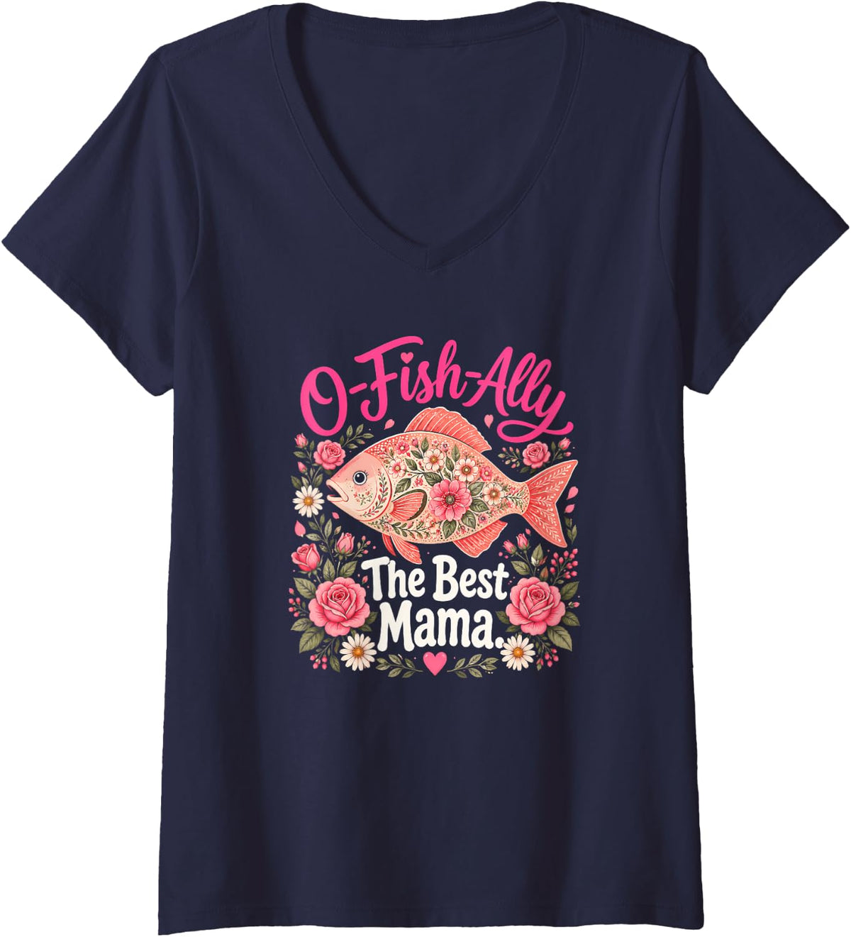 Women's Floral Largemouth Bass Fishing Girl Angler Lake Outdoors V-Neck T-Shirt - Navy Blue