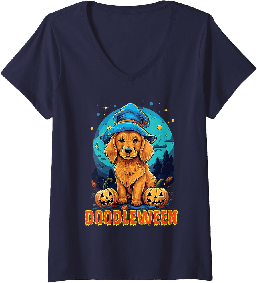 Women's Halloween Spooky Golden Doodle Dog Goldendoodle V-Neck T-Shirt - Navy Blue