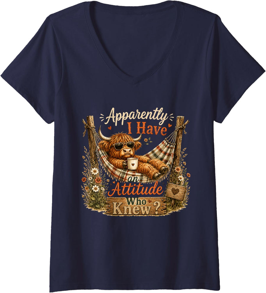 Women's Apparently I Have an Attitude Who Knew Highland Cow Print V-Neck T-Shirt - Navy Blue