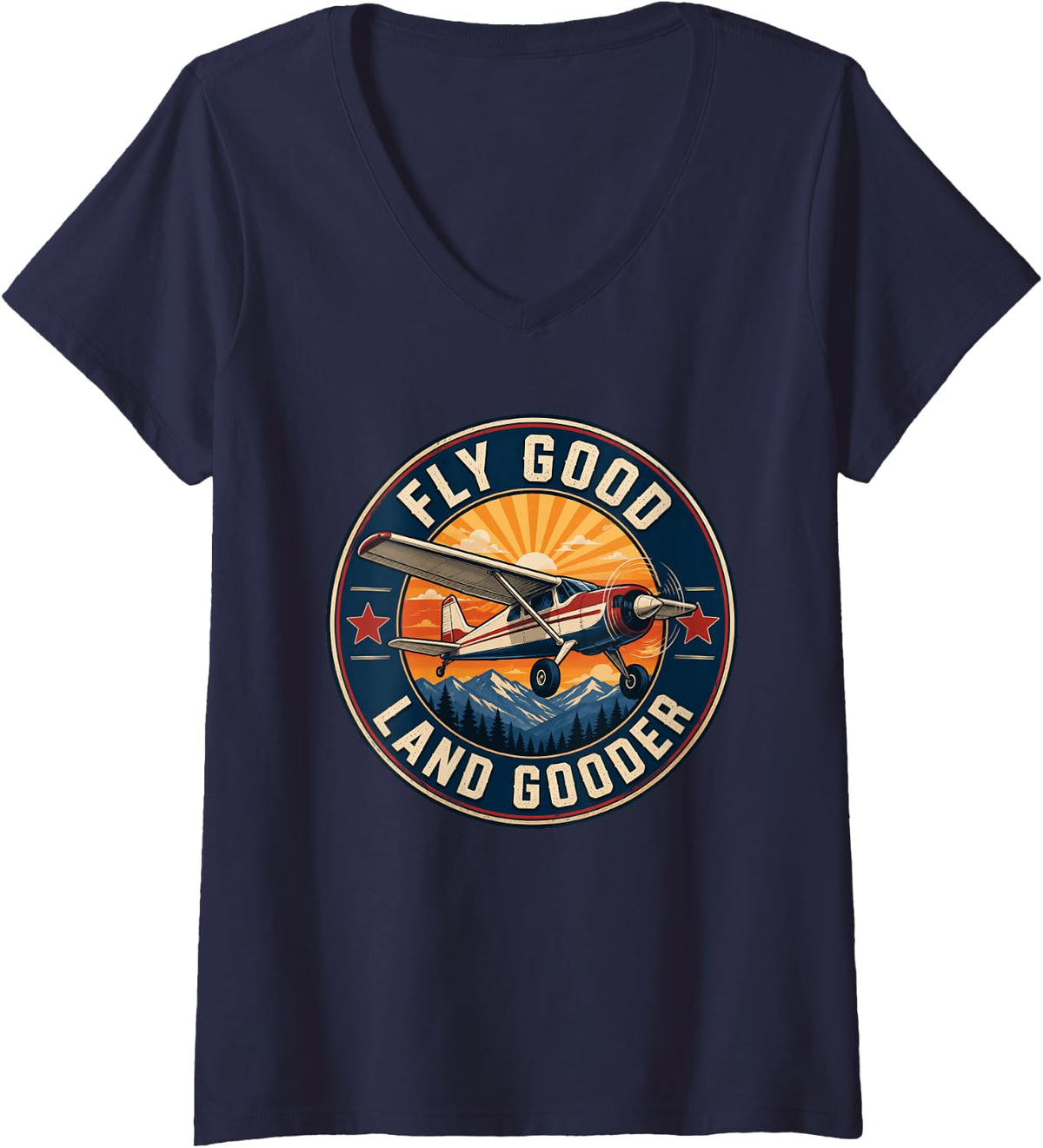 Women's Fly Good Land Gooder Aviation Flight Enthusiast Airplane V-Neck T-Shirt - Navy Blue