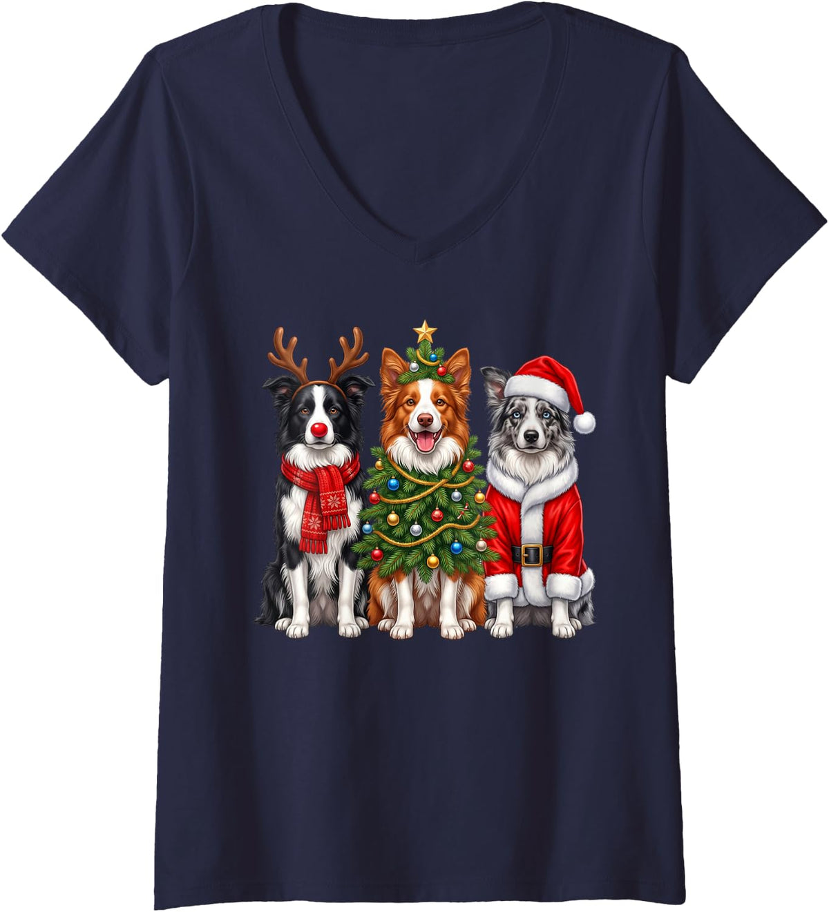 Women's Retro Christmas Border Collies Santa Reindeer Dog Lover V-Neck T-Shirt - Navy Blue