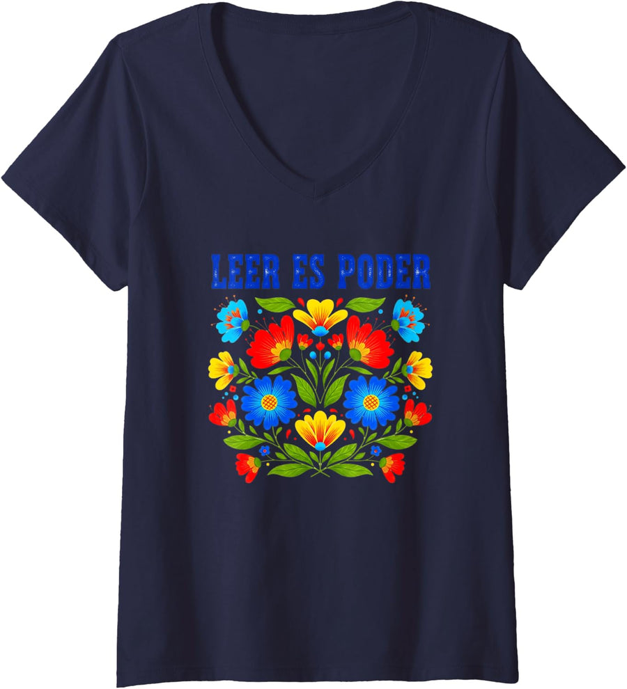 Women's Leer ES Poder Floral Boho Spanish Teacher Reader V-Neck T-Shirt - Navy Blue
