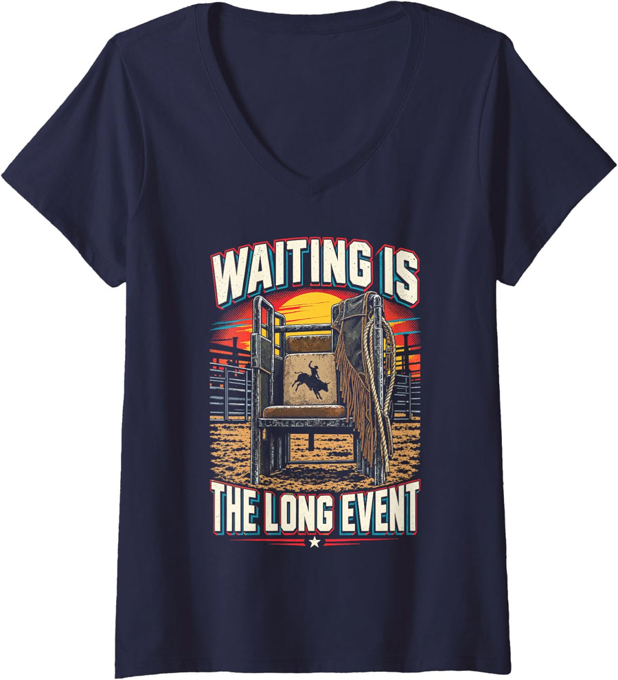 Women's Funny Bull Riding Rodeo - Bull Rider Waiting Humor V-Neck T-Shirt - Navy Blue