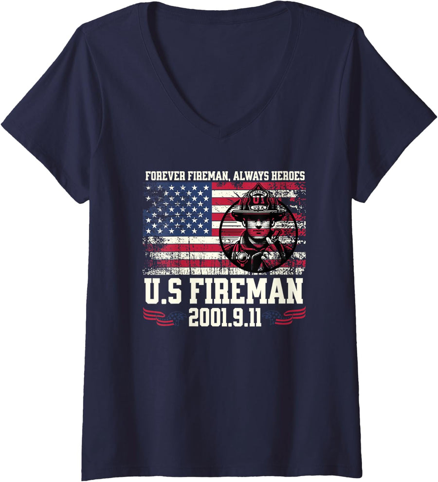 Womens In order to remember 9/11 in memory and honor of firefighters V-Neck T-Shirt - Navy Blue