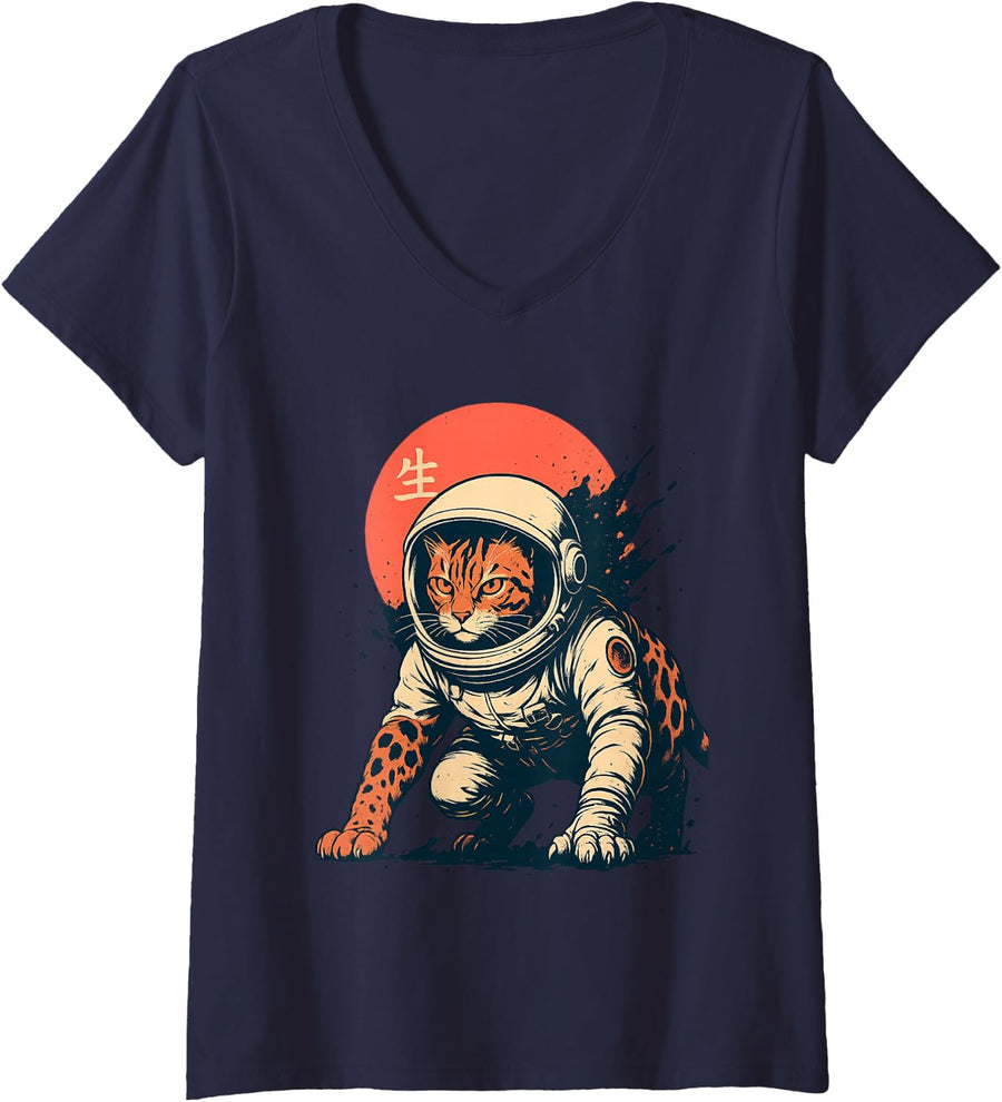 Women's Bengal Cat Astronaut Space Suit Japanese Sun Art V-Neck T-Shirt - Navy Blue