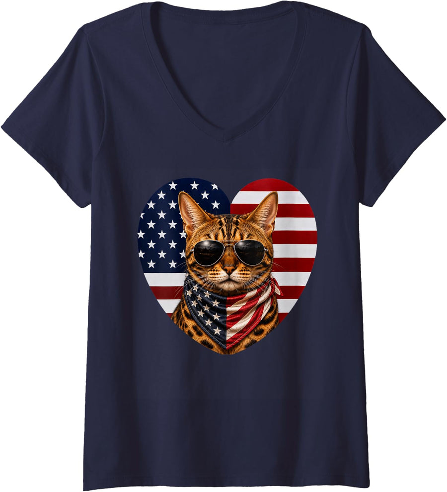Women's Bengal Cat USA Flag Heart Patriotic Bengal V-Neck T-Shirt - Navy Blue