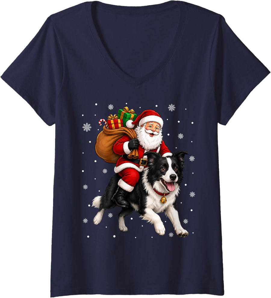 Women's Festive Holiday Fun Santa Riding Border Collie Dog Christmas V-Neck T-Shirt - Navy Blue