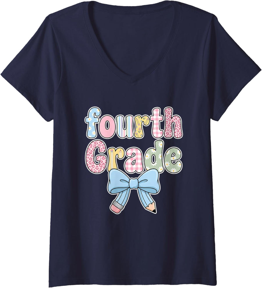 Women's Fourth Grade Back to School Teacher Student Bow Pencil V-Neck T-Shirt - Navy Blue