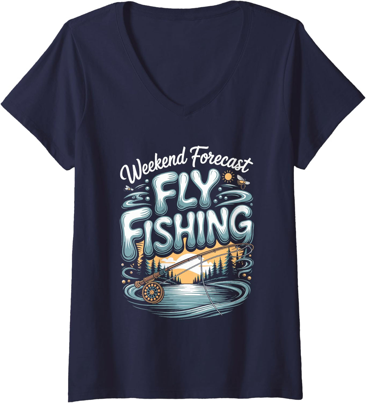 Women's Weekend Forecast Fly Fishing Angler Trout V-Neck T-Shirt - Navy Blue