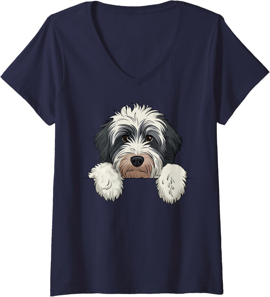 Womens Cute Bernedoodle Peeking Doodle Puppy Dog Lover Men Women V-Neck T-Shirt - Navy Blue
