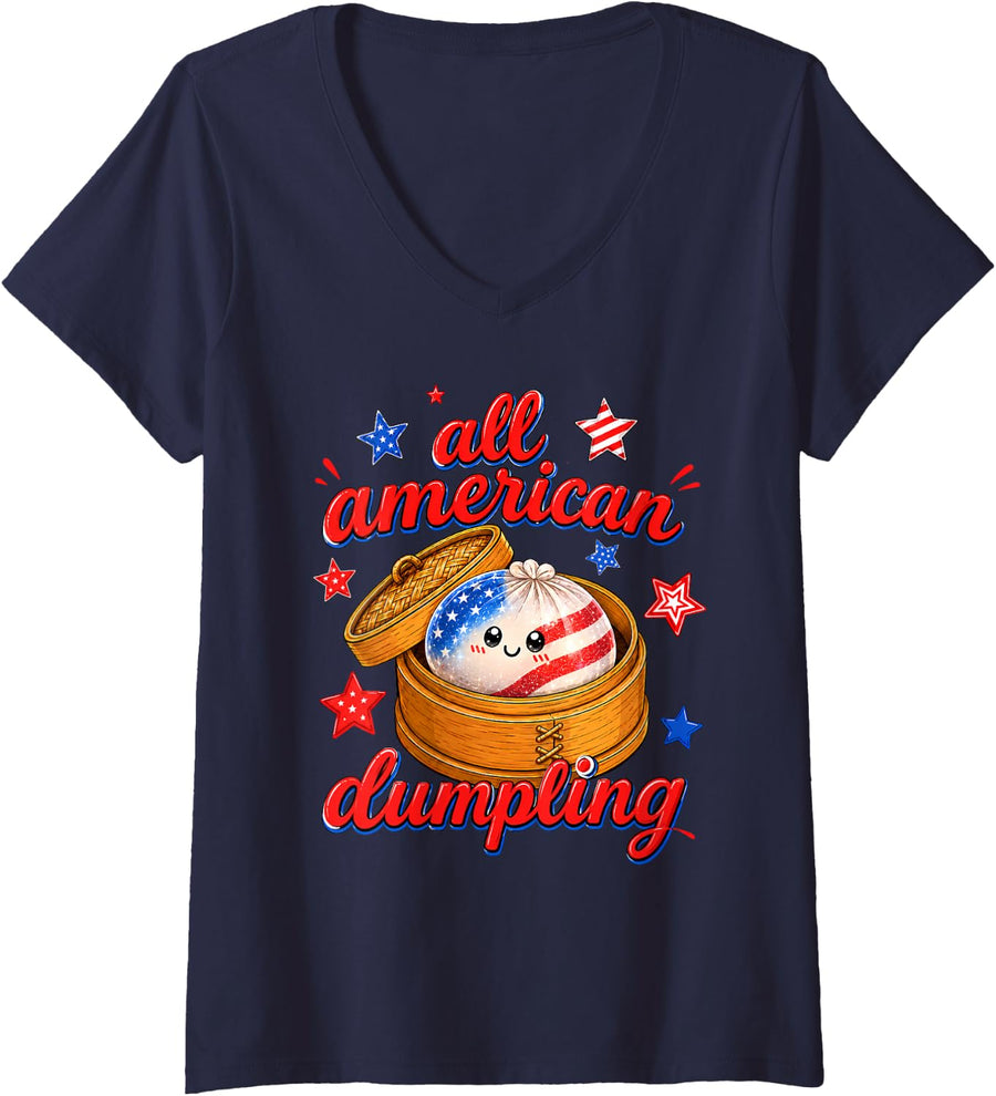 Women's Kids Cute Striped All American Dumpling 4th of July Girls V-Neck T-Shirt - Navy Blue
