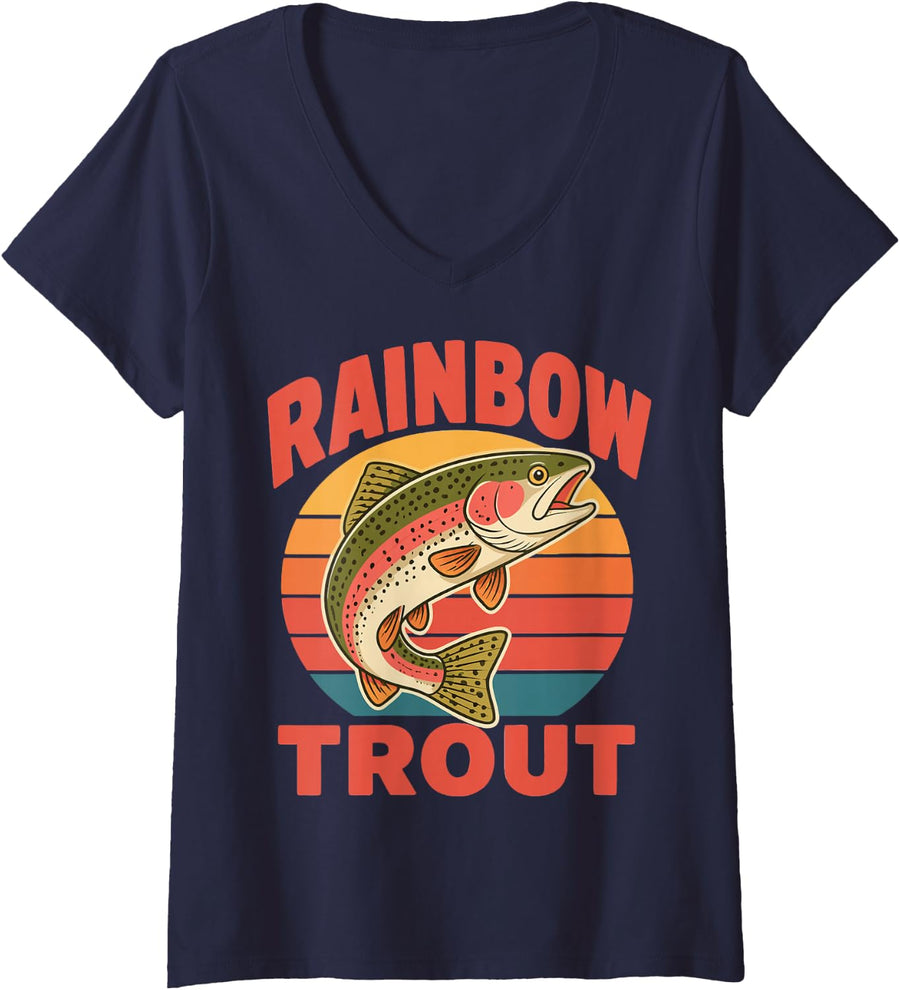 Women's River Fishing Freshwater Angler Fisherman Rainbow Trout V-Neck T-Shirt - Navy Blue