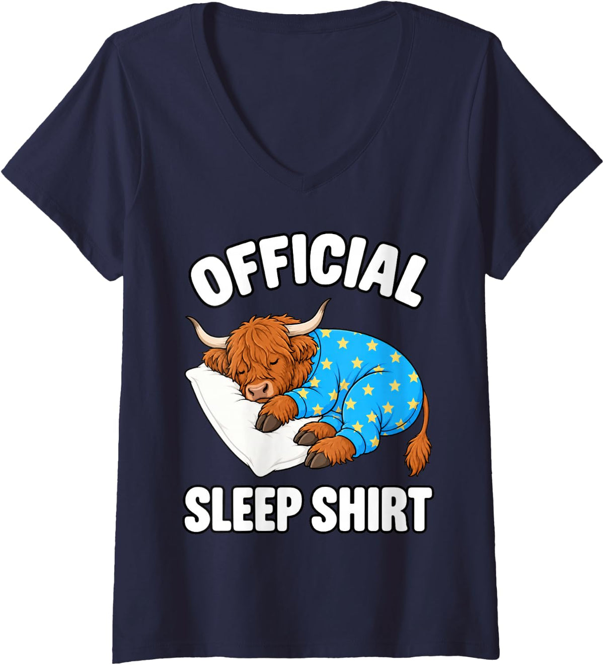 Women's Highland Cow Sleeping in Pajamas Official Sleepshirt Cute V-Neck T-Shirt - Navy Blue