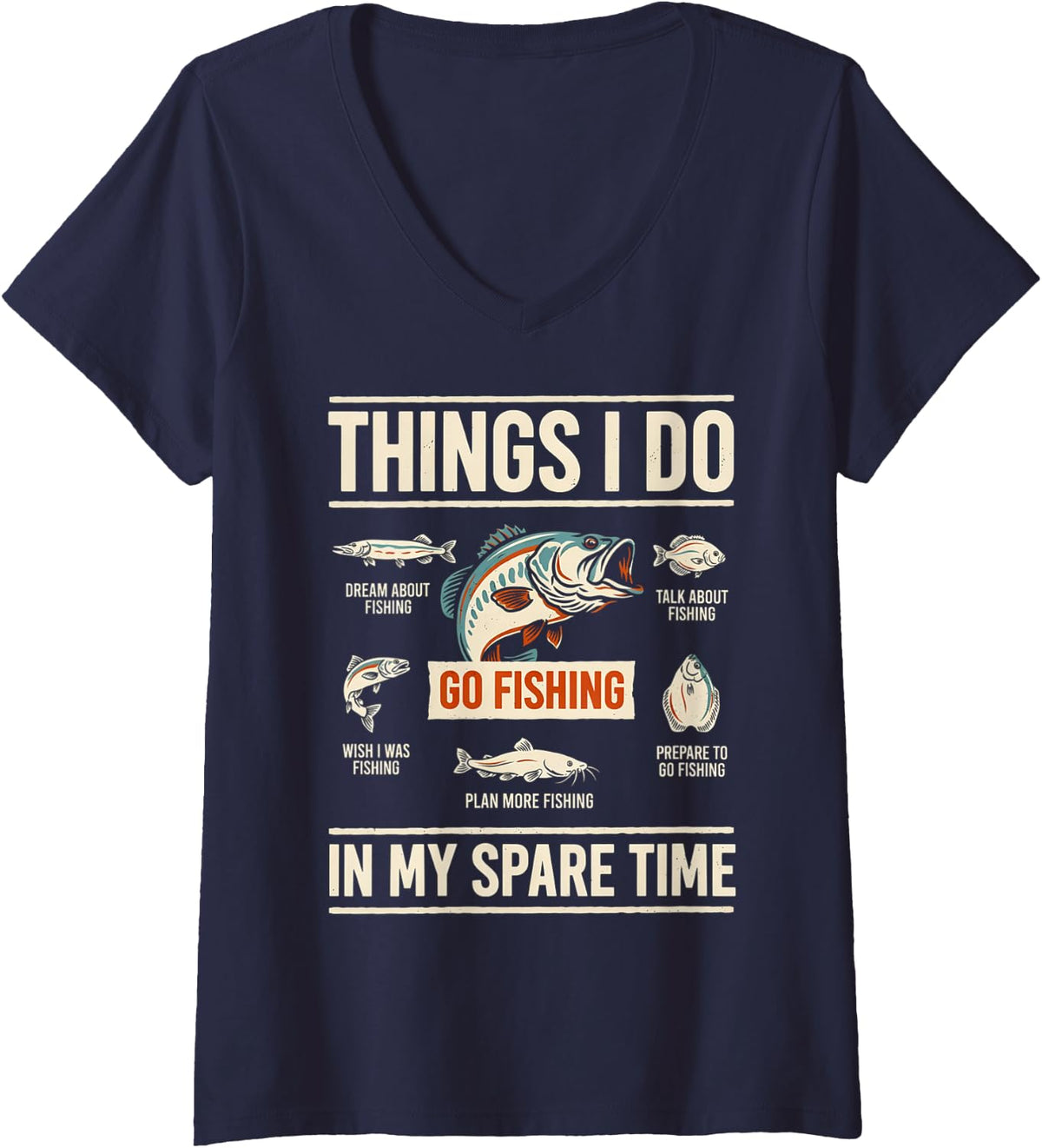 Women's Things I Do in My Spare Time Fishing Boys Men Bass Fishing V-Neck T-Shirt - Navy Blue