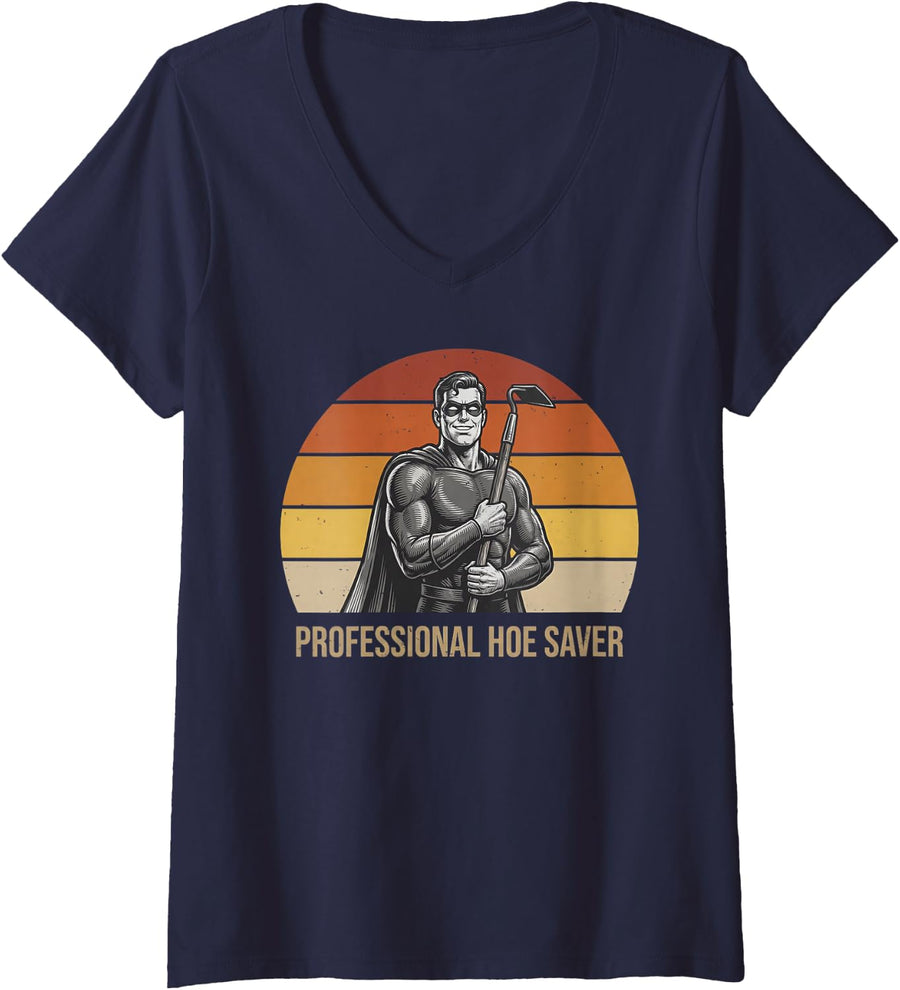 Women's Professional Hoe Saver Funny Caped Hero Garden Hoe Joke Pun V-Neck T-Shirt - Navy Blue