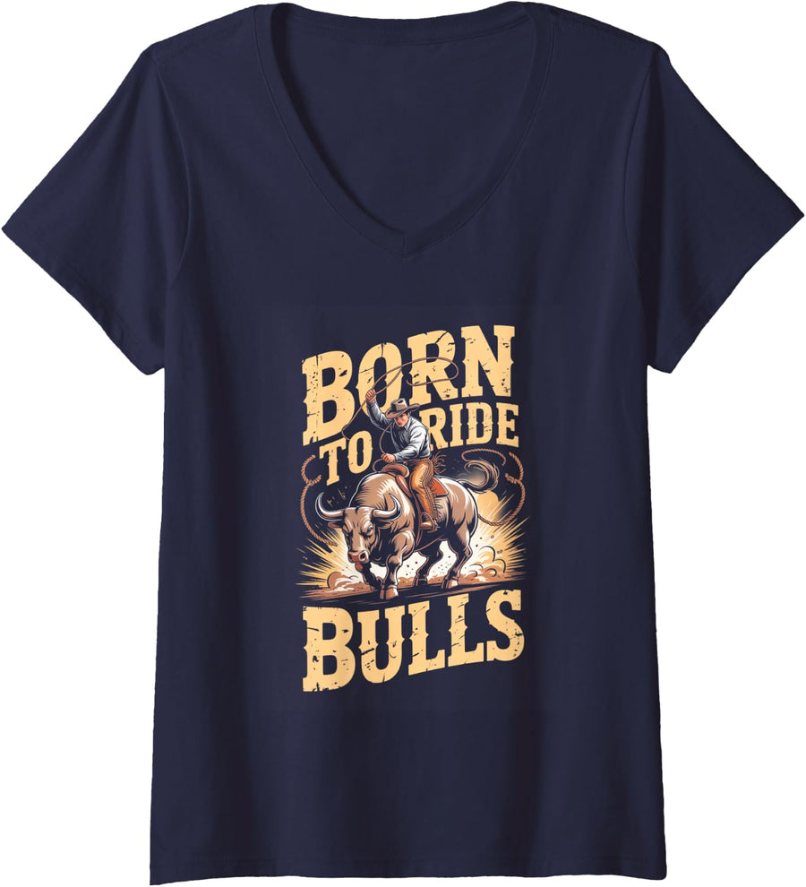 Women's Bulls Bull Riding Cowboy Rodeo V-Neck T-Shirt - Navy Blue