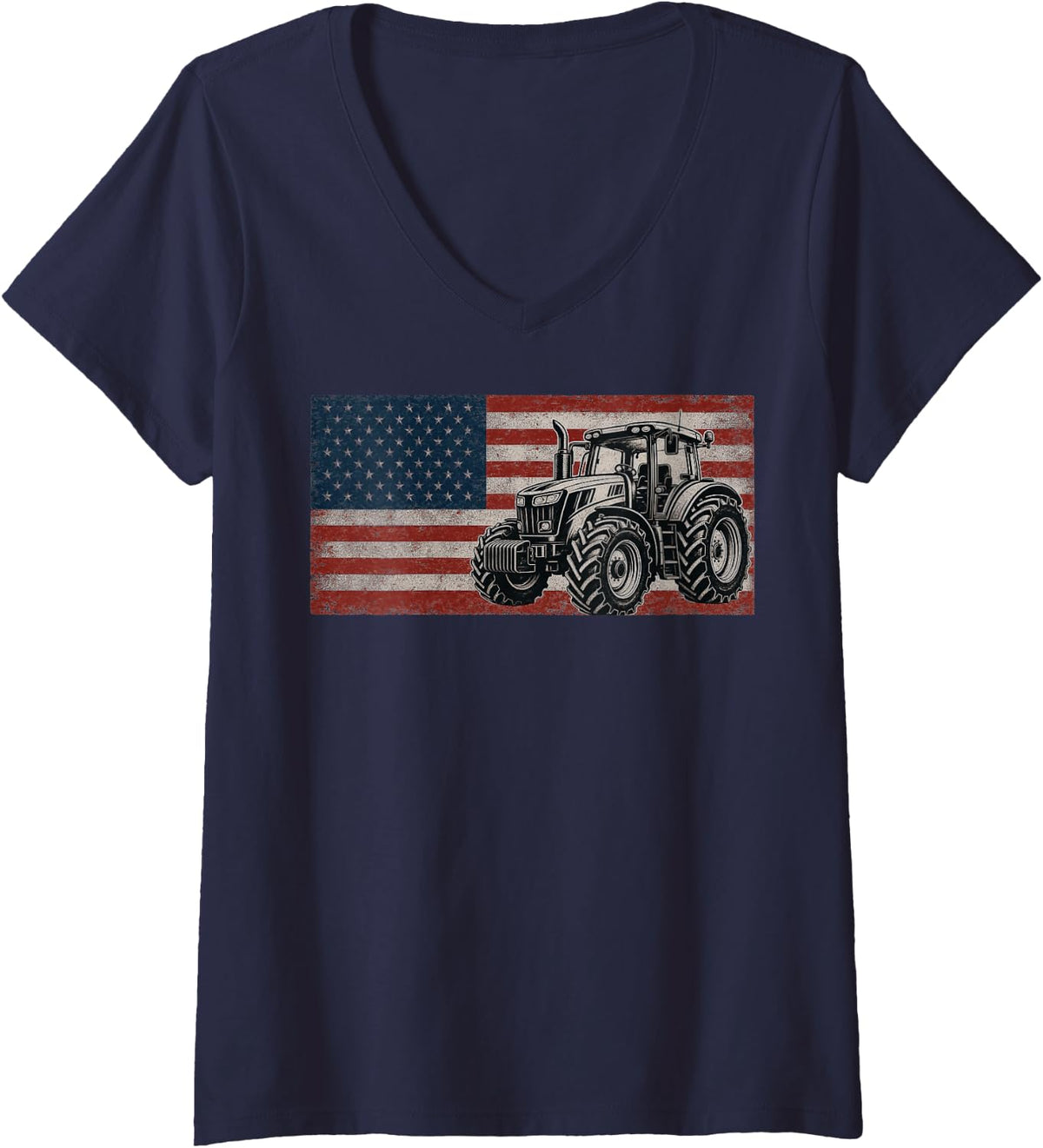 Women's Farm Tractors USA Flag Patriotic Farming Gifts V-Neck T-Shirt - Navy Blue