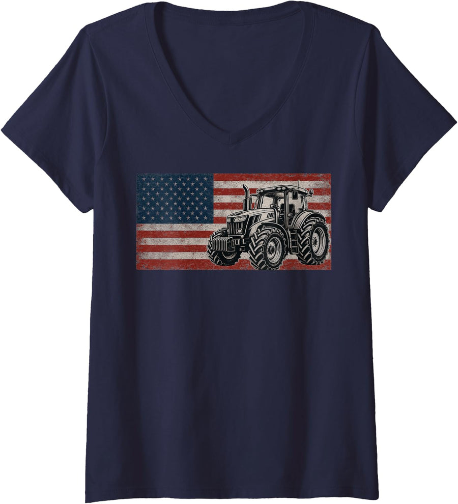 Women's Farm Tractors USA Flag Patriotic Farming Gifts V-Neck T-Shirt - Navy Blue