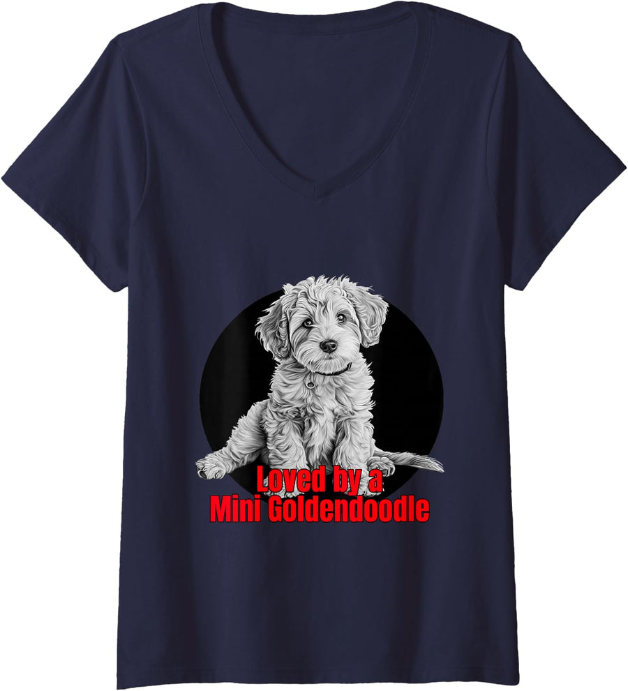 Women's Loved by a Mini Goldendoodle Big Bold Graphic Design V-Neck T-Shirt - Navy Blue