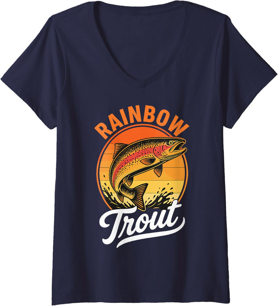 Women's River Fishing Rainbow Trout Freshwater Angler Fisherman V-Neck T-Shirt - Navy Blue